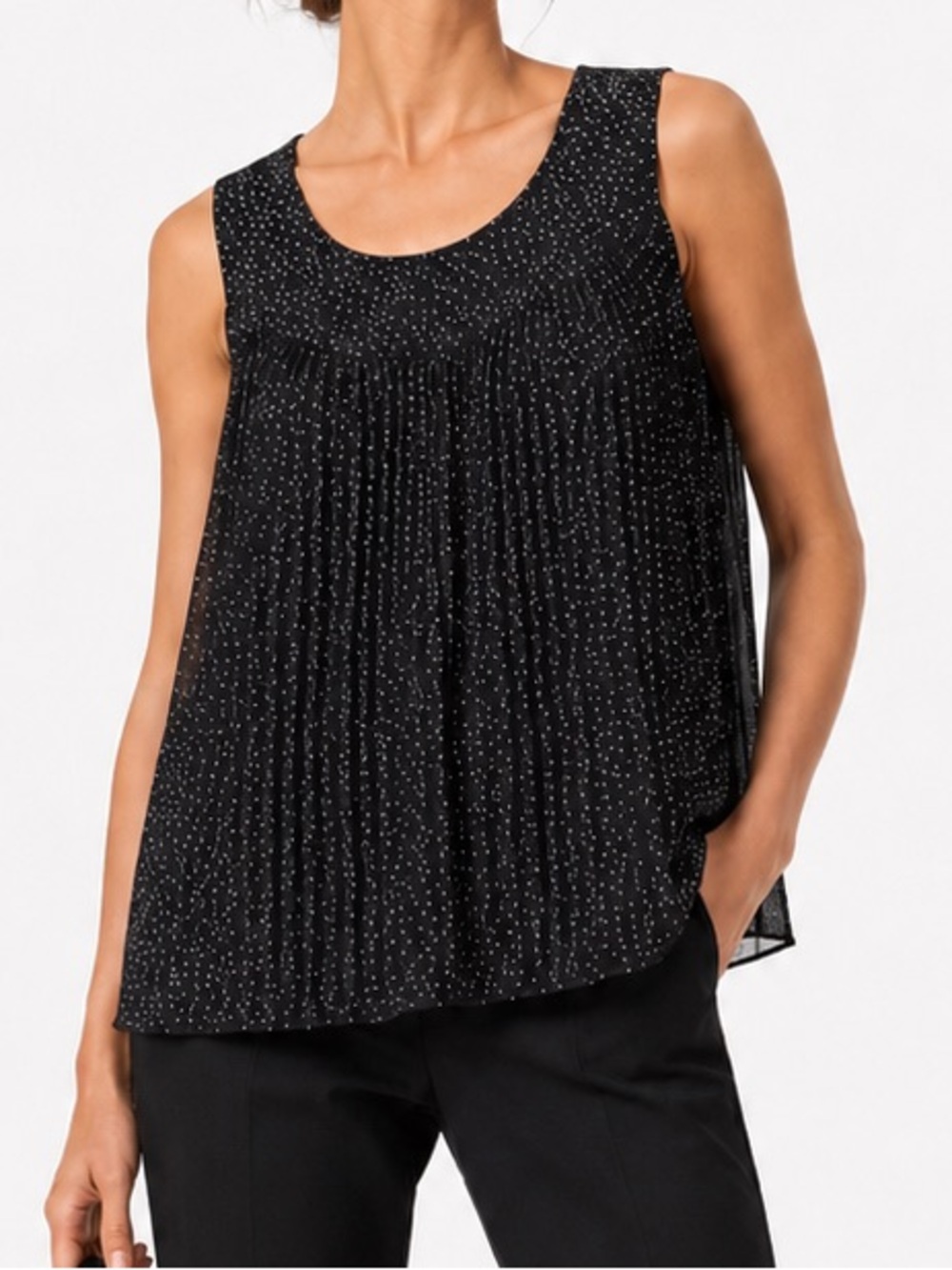 ESSENTIALS BY MILANO Black Sleeveless Pleated Dot-Print Blouse Top — LHP
